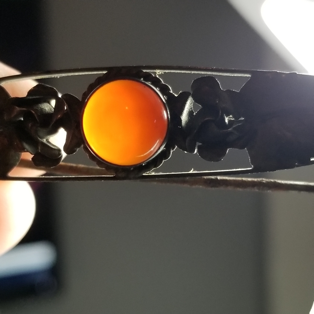 Antique bar pin arts and crafts style orange cabochon leaves - Picture 5 of 16